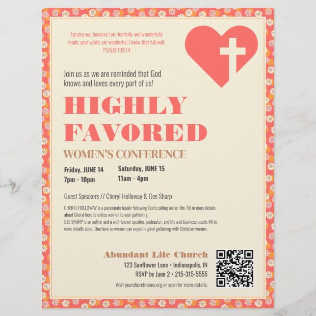 Flyer Ministerio cristiano de mujeres retro floral rosa (Frente)