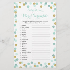 Flyer Mint y Gold Purpurina Baby Shower Word Scramble