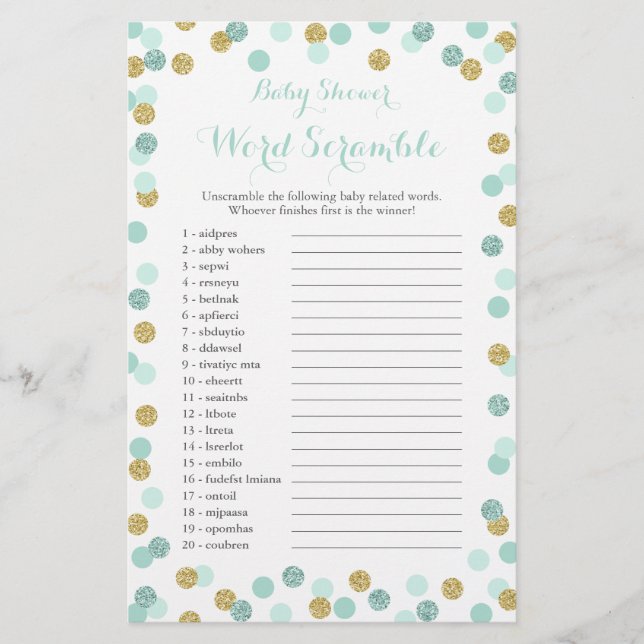 Flyer Mint y Gold Purpurina Baby Shower Word Scramble (Frente)