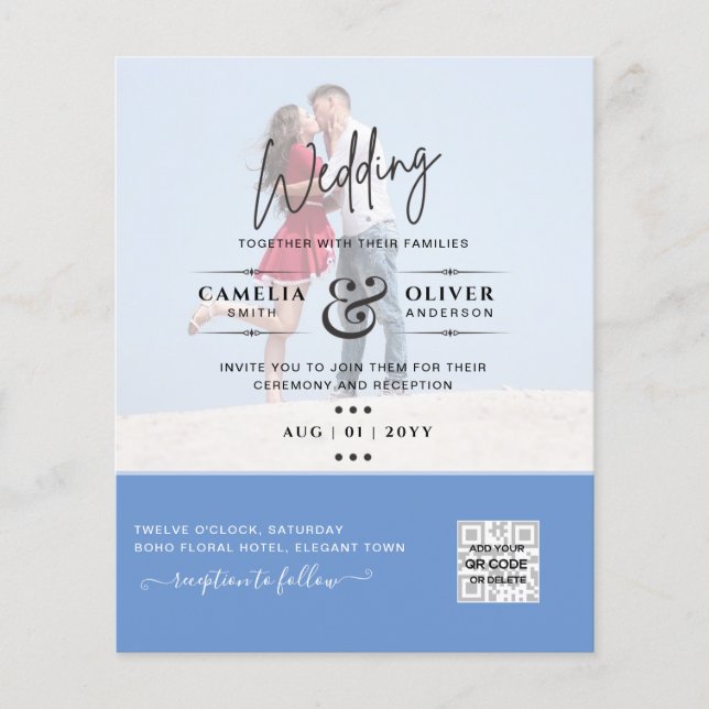 Flyer Moda Blue Photo Wedding Invitar código QR Guardar  (Frente)