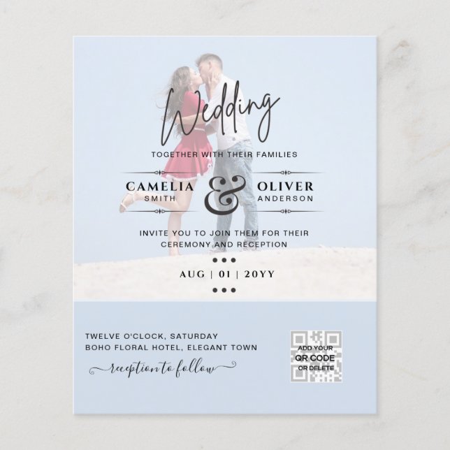 Flyer Moda Blue Photo Wedding Invitar código QR Guardar  (Frente)