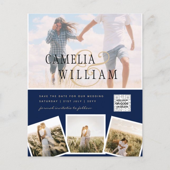 Flyer Moda Blue Photo Wedding Invitar código QR Guardar  (Frente)