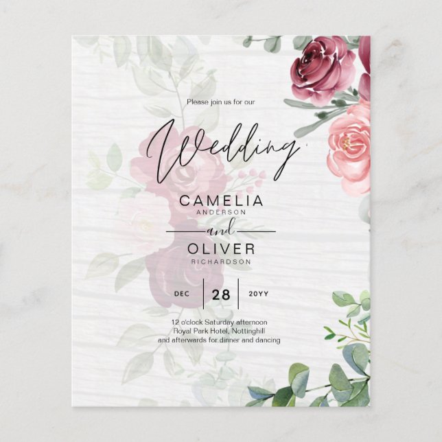 Flyer Moda Borgoña Rubor Boda de vegetación floral rosa (Frente)