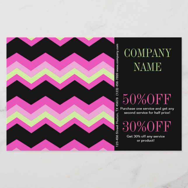 Flyer Moda de Patrón Geométrico Rosa y Negro Chevron (Frente)