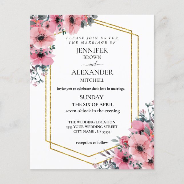 Flyer Moda "Invitación" del Boda de presupuesto floral r (Frente)