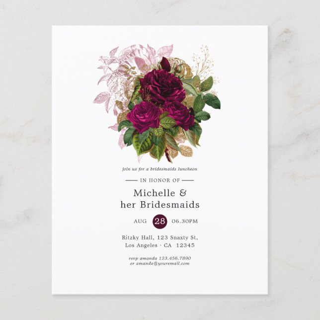 Flyer Moda vintage Rubor & Burgundy Bridesmaids Luncheon (Frente)