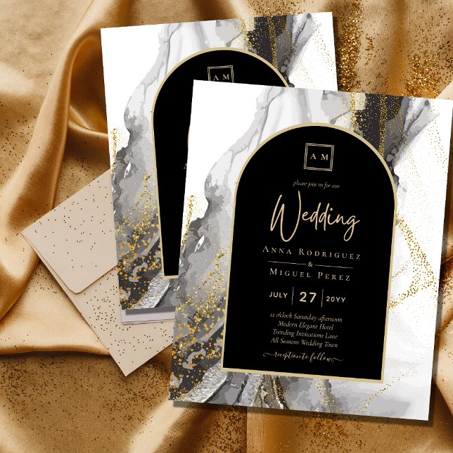 Flyer Modern Black Gold Agate Marble Glitter Wedding (Subido por el creador)