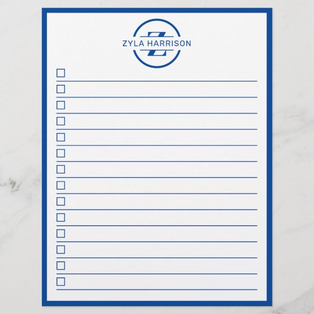 Flyer Modern Blue Monogram Name To Do List (Frente)