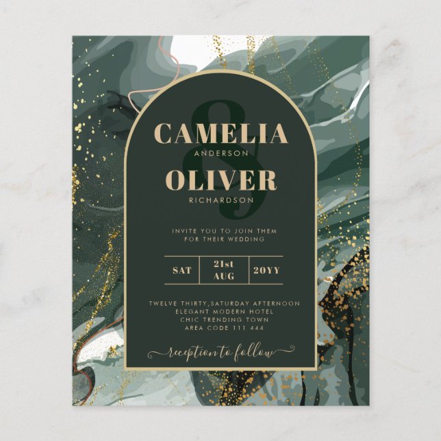 Flyer Modern Emerald Green Gold Agate Marble WEDDING (Frente)