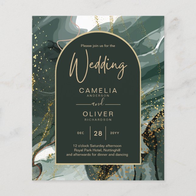 Flyer Modern Emerald Green Gold Agate Marble WEDDING (Frente)