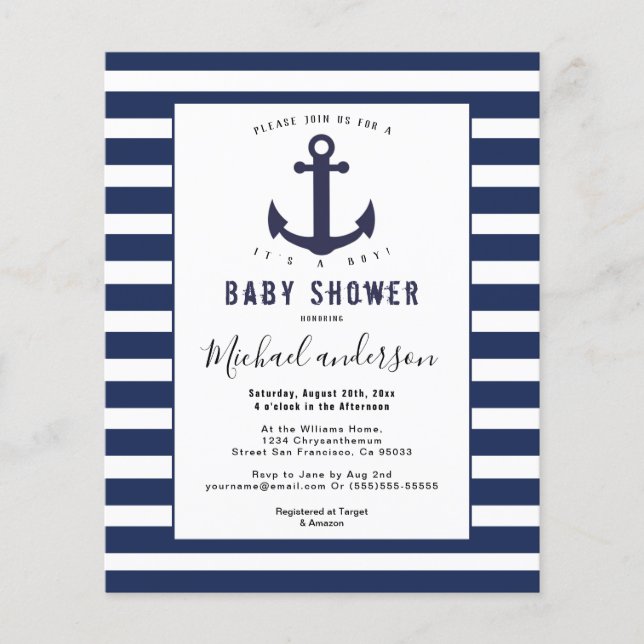 Flyer Modern Navy Blue White Boy baby shower invitation (Frente)