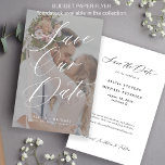 Flyer Moderna y elegante boda fotográfica económica, aho<br><div class="desc">Moderna moda romántica PRESUPUESTO boda asequible ahorra la plantilla de fecha PAPER FLYER con tu foto personalizado en la moderna y transparente superposición con la elegante escritura de caligrafía con letras a mano blanca. Fácil de personalizar con sus detalles e imágenes de compromiso en ambos lados! Adecuado para cualquier tema...</div>