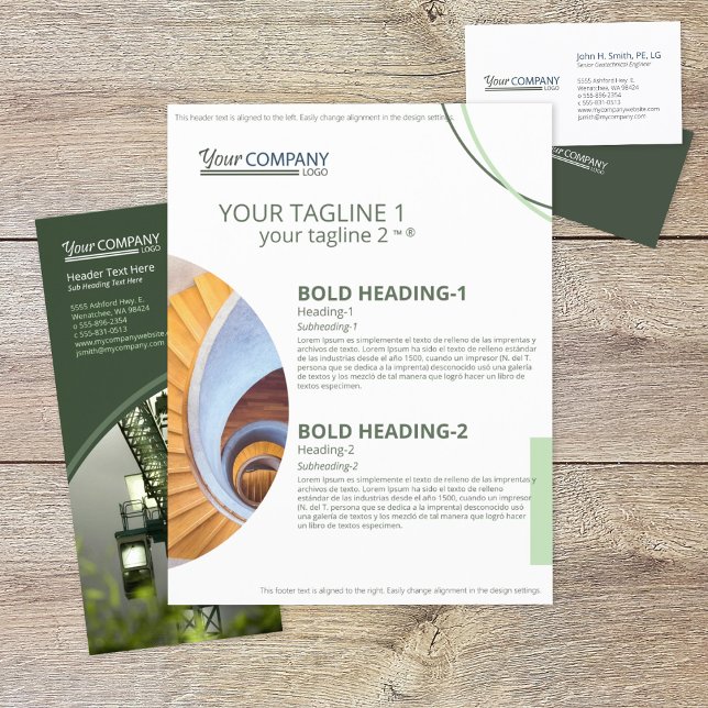 Flyer Modernas formas de fotografía geométrica, verde ol (olive green company branding flyer with modern block text and geometric shaped photos)