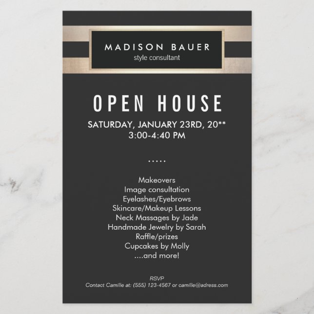 Flyer Modernas y elegantes franjas de oro y negro (Frente)