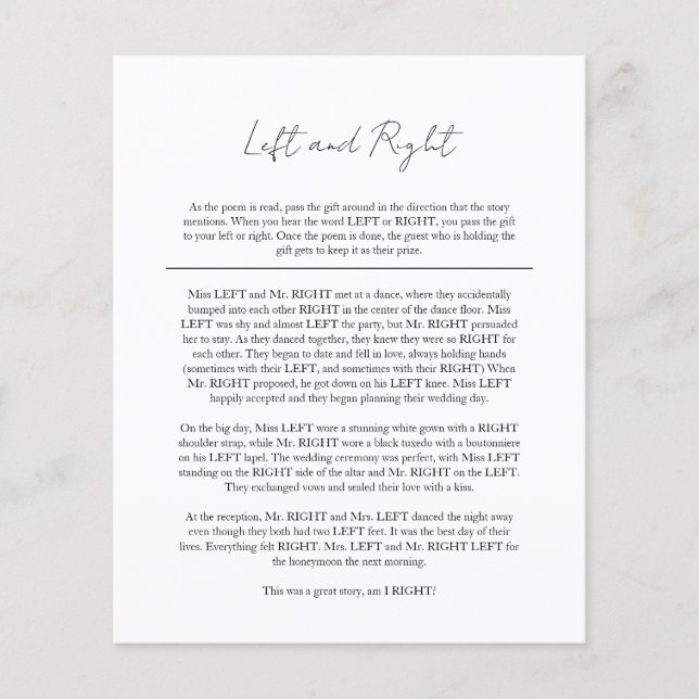 Flyer Moderno Black Bridal Shower Left Right Game (Frente)