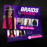 Flyer Moderno Braiding Salon Extensiones de pelo Braids<br><div class="desc">Promociona tus servicios de trenzas y peluca con esta plantilla de volante elegante y profesional! Muestra tu experiencia en trenzas de caja, trenzas sin nudos, fabricación de pelucas y más en el frente. La parte posterior presenta un diseño audaz y un amplio espacio para los detalles de contacto y la...</div>