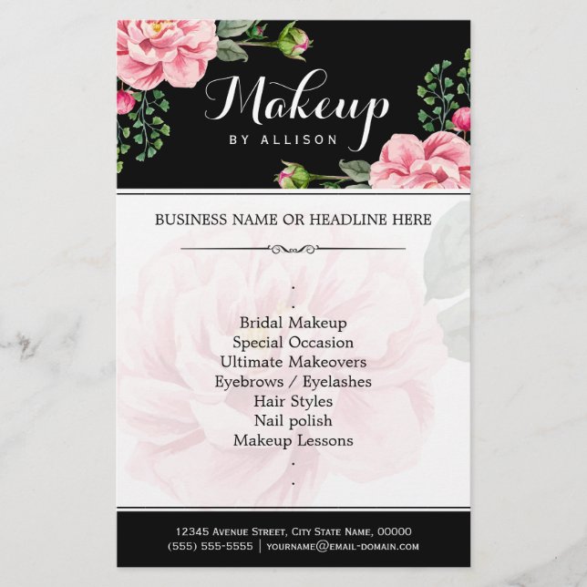 Flyer Moderno guión de maquillaje floral blanco negro (Frente)