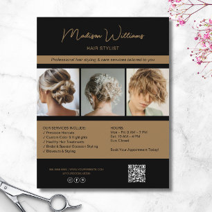 Flyer Moderno Salon Hair Stylist Services QR Black Gold