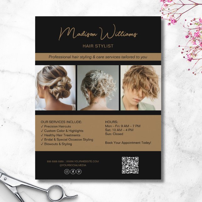 Flyer Moderno Salon Hair Stylist Services QR Black Gold (Modern Salon Hair Stylist Services QR Black Gold Flyer)