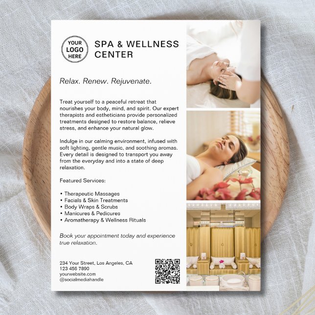 Flyer Moderno Spa Wellness Negocio Promocional Blanco (Create your own Spa & Wellness Center Business Flyer)
