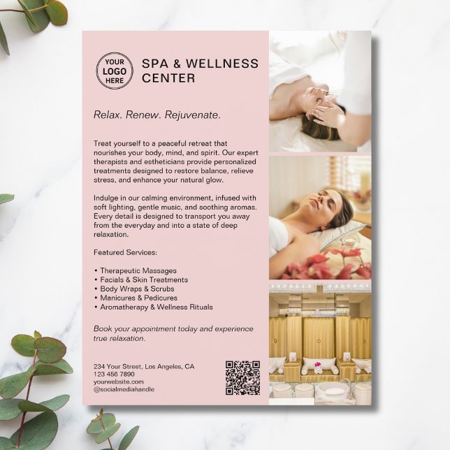Flyer Moderno Spa Wellness Negocios Promocionales Rosa (Modern Spa Wellness Pink Promotional Business Flyer)