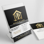 Flyer Moderno y elegante mandamás dorado y negro<br><div class="desc">El moderno y práctico volante de negocios cuenta con herramientas de oro en forma de casa sobre un fondo negro. Personalice con su nombre,  título,  servicios,  detalles de contacto y código qr.</div>