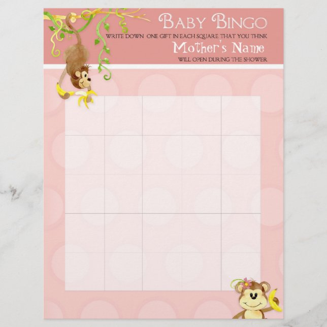 Flyer Mono Lil, Bingo Baby Shower en juego de escramble (Frente)
