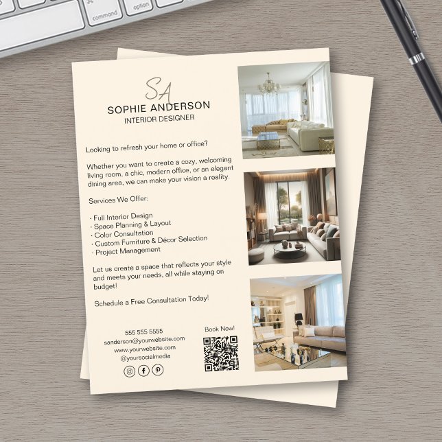 Flyer Monograma Foto QR Cream Profesional Business (Monogram Photo QR Cream Professional Business Flyer)