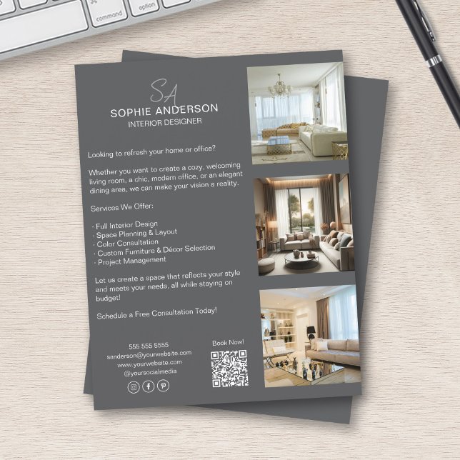 Flyer Monograma Foto QR Gray Profesional Business (Monogram Photo QR Grey Professional Business Flyer)