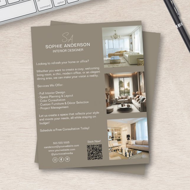Flyer Monograma Foto QR Taupe Profesional Business (Monogram Photo QR Taupe Professional Business Flyer)