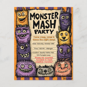 Flyer "Monster Mash Fiesta" con monstruos adorables