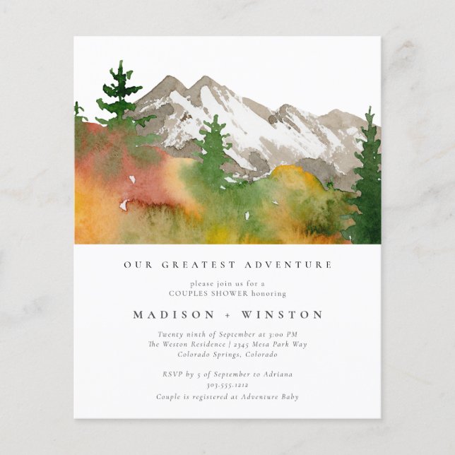 Flyer Montañas Presupuestarias Gran Aventura Baby Shower (Frente)