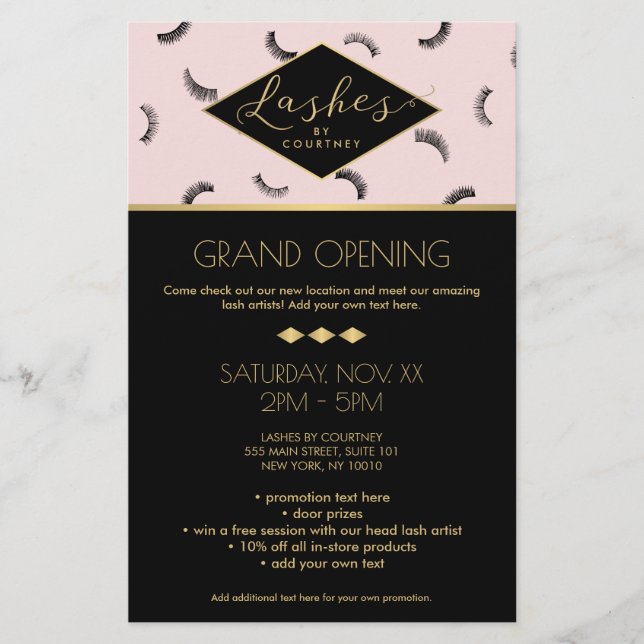 Flyer Montones de pestañas Patrón Lash Salon Rosa/Negro/ (Frente)