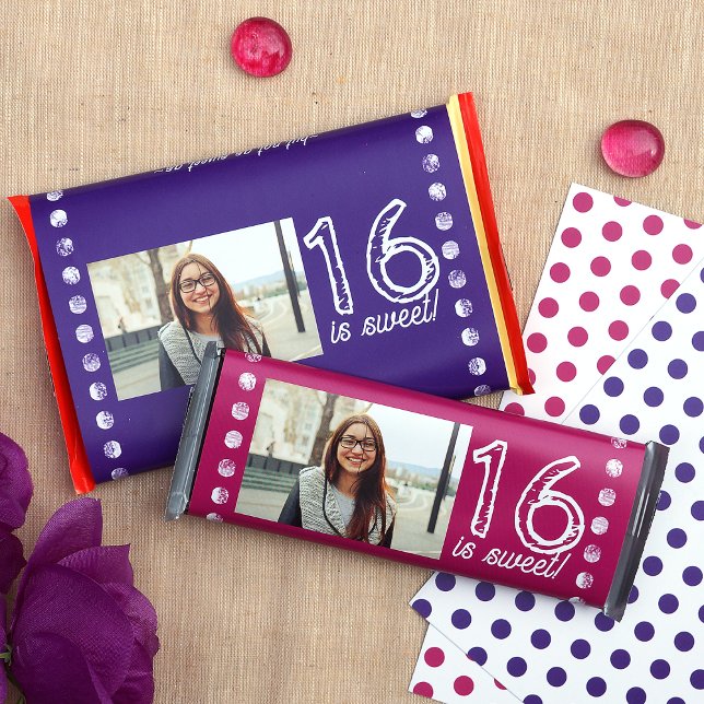 Flyer Morple Sweet 16 Personalizado de cumpleaños Candy  (purple pink sweet 16 party favor candy bar labels personalized birthday cand bar wrappers)