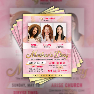 Flyer Mother's Day Church Service Pink Florals & Gold