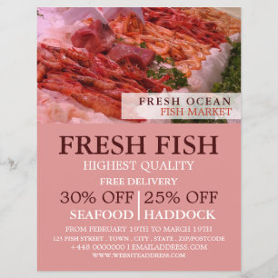 Flyer Muestra de mariscos, pescador/mujer, mercado de pe