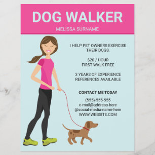 Flyer Mujer paseadora de perros con ilustración de un pe