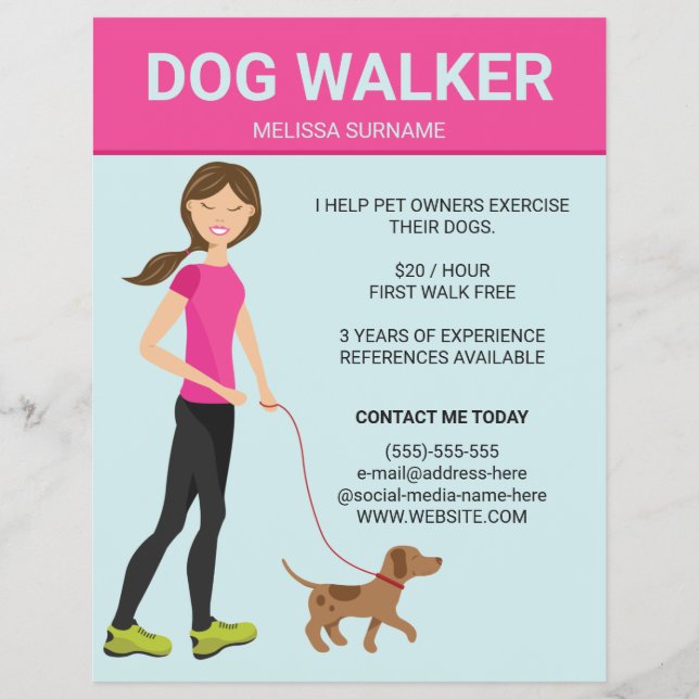 Flyer Mujer paseadora de perros con ilustración de un pe (Frente)