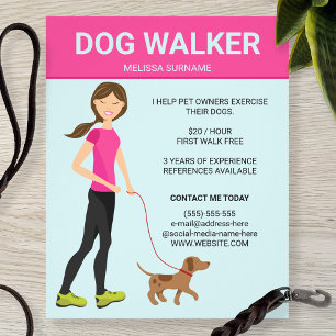 Flyer Mujer paseadora de perros con ilustración de un pe