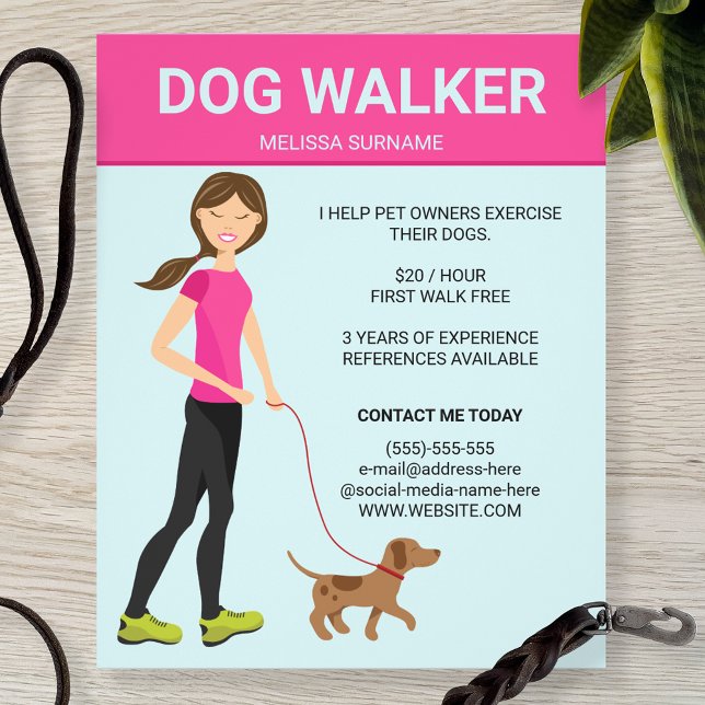 Flyer Mujer paseadora de perros con ilustración de un pe (Subido por el creador)