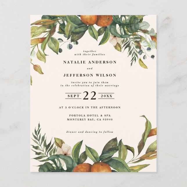 Flyer naranja de presupuesto citrus floral boda excepto  (Frente)