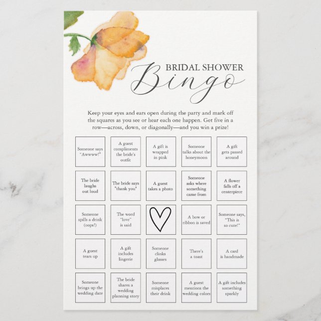 Flyer Naranja Floral Tema Bridal Shower Bingo (Frente)