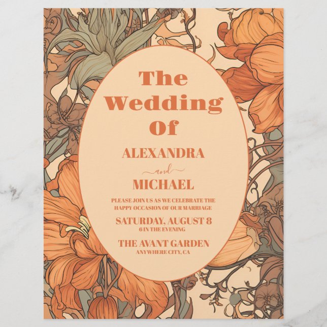 Flyer Naranja quemado de presupuesto Boda de Art Nouveau (Frente)
