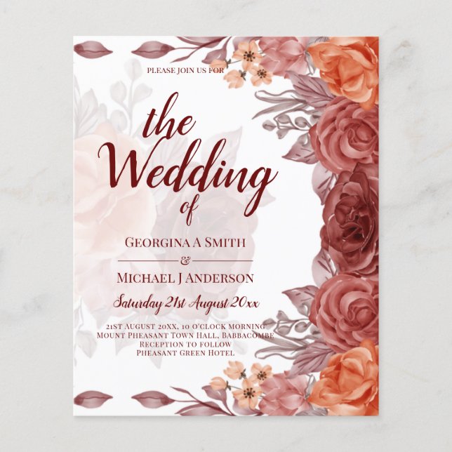 Flyer Naranja Quemado FALL BODA Botánico Floral (Frente)