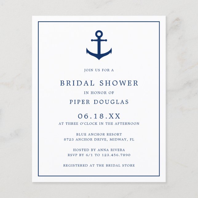 Flyer Nautical Anchor Budget Bridal Shower Invitation (Frente)