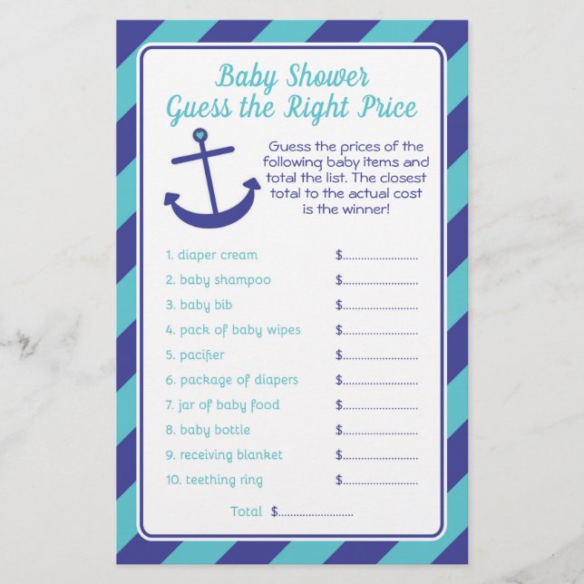 Flyer Nautical Anchor juego de precios Baby Shower azul (Frente)