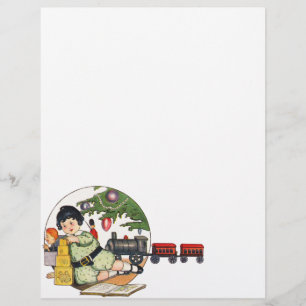 Flyer Navidad vintage, niño feliz jugando con juguetes