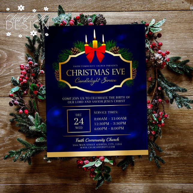 Flyer Navidades Eve Candlelight Church Service Blue Gold (Subido por el creador)