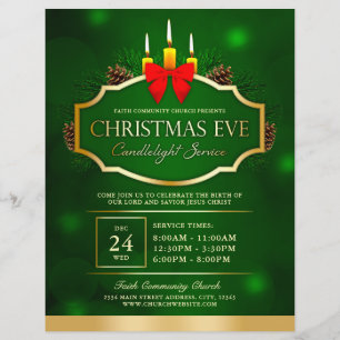 Flyer Navidades Eve Candlelight Church Service Green