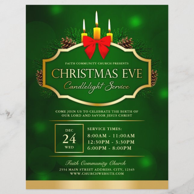 Flyer Navidades Eve Candlelight Church Service Green (Frente)